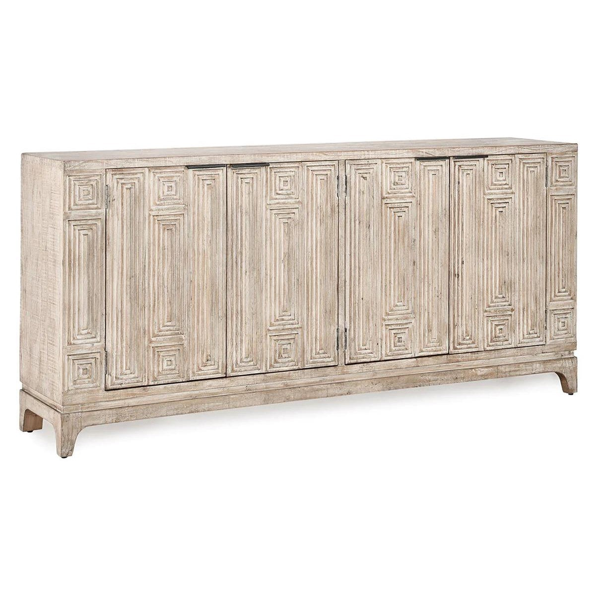 Ornate wooden sideboard with intricate geometric carvings and a rustic finish.