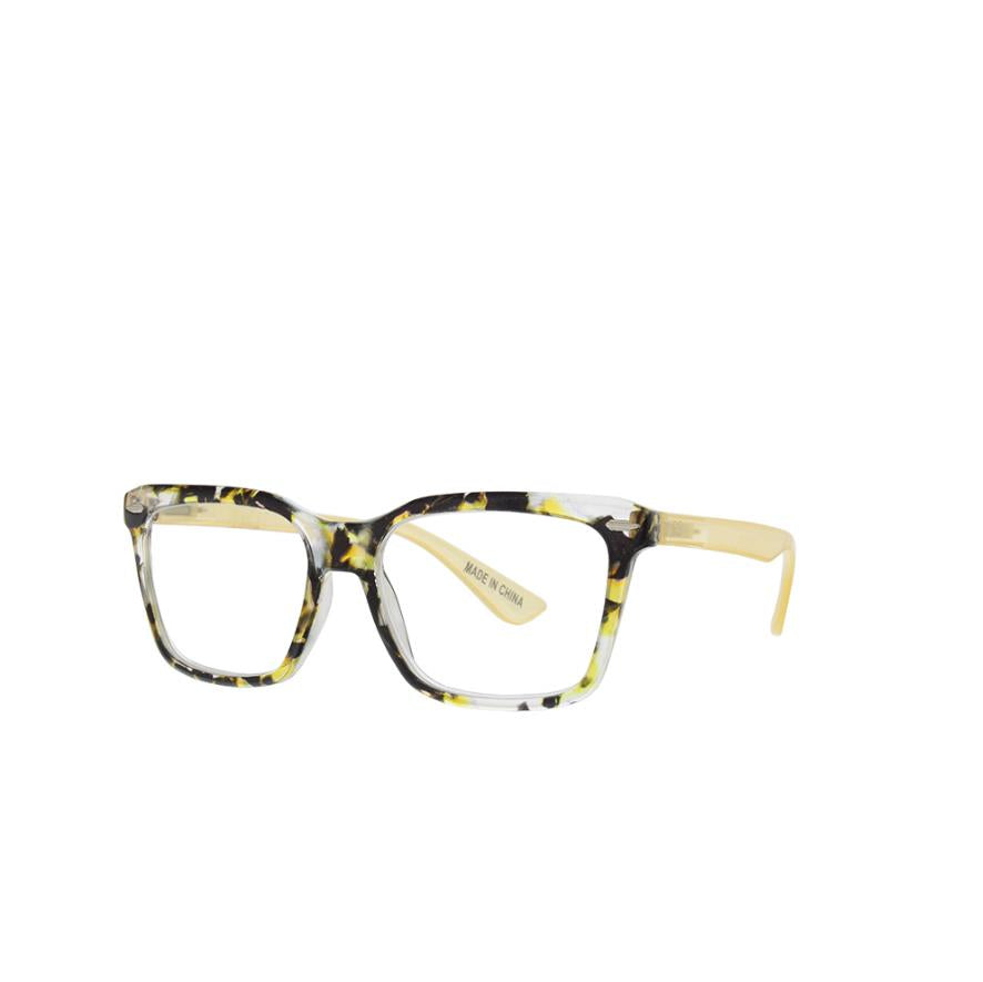 Colorful tortoiseshell square eyeglasses with clear lenses.