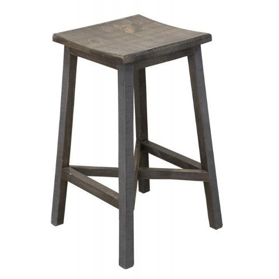 A simple wooden stool with a dark finish and four legs.