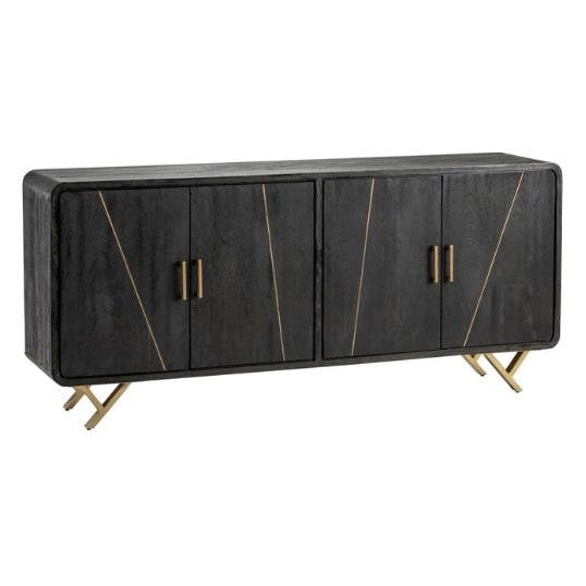 Sleek black sideboard with gold handles and legs.