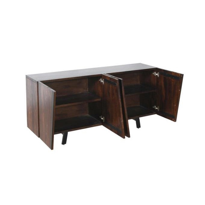 Dark wooden sideboard with open doors and shelves.