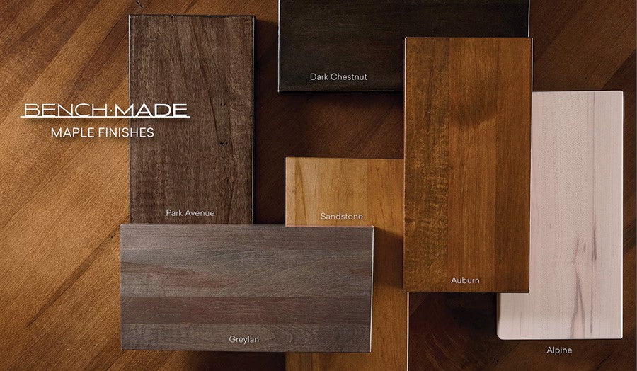 Maple wood finishes with labels: Park Avenue, Dark Chestnut, Sandstone, Auburn, Alpine, Greylan.