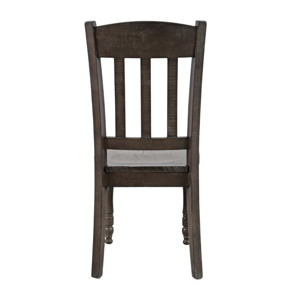 Wooden chair with a slatted backrest, viewed from behind.