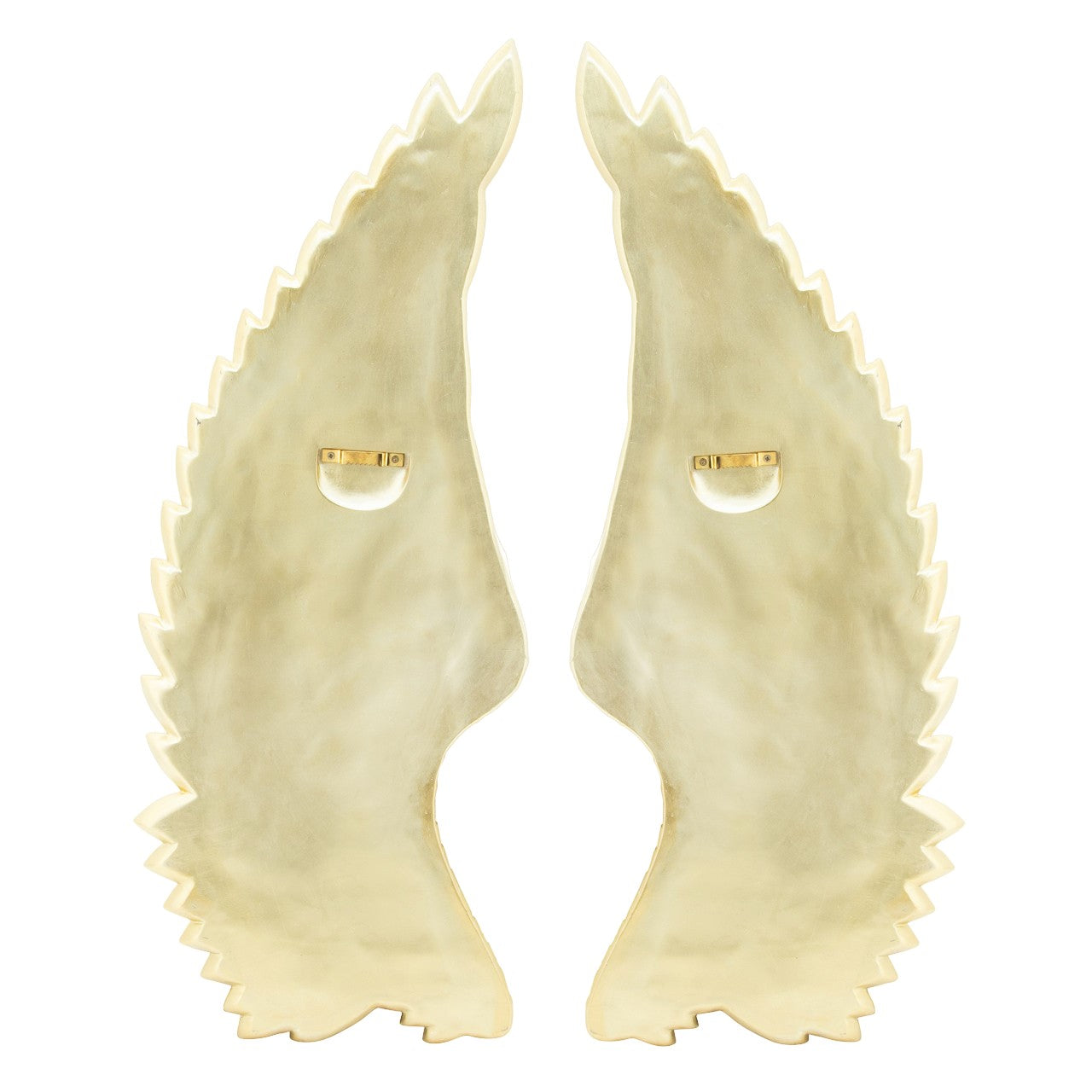 Two metallic, wing-shaped wall decor pieces.