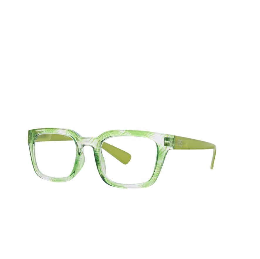 Green translucent square glasses with a white background.