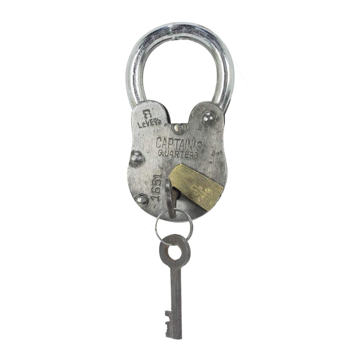 Vintage padlock and key, labeled "CAPTAINS QUARTERS," with 6 levers.