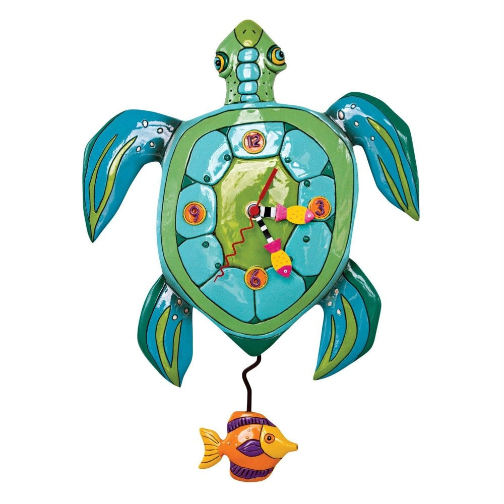 Colorful turtle clock with a fish pendulum and bright numbers.