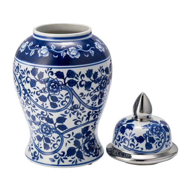 Picture of Blue and White Floral Vine Temple Jar, Silver Accents