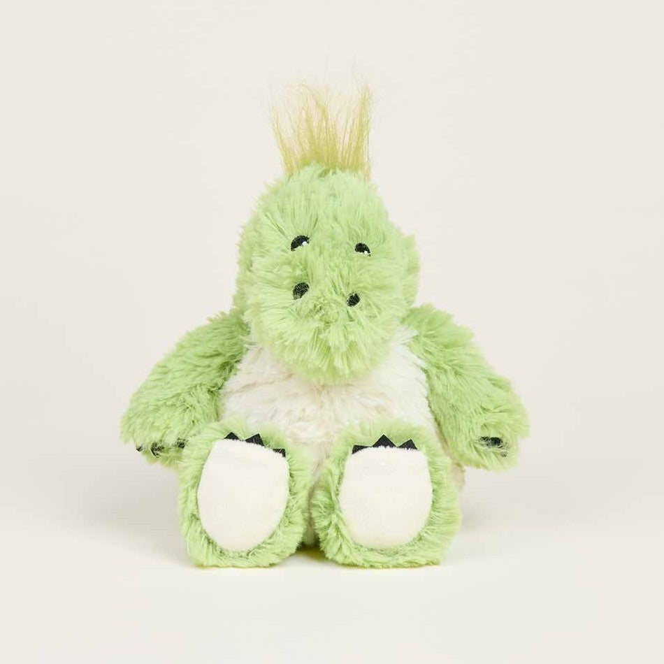 Green dinosaur plush toy with a fluffy texture and white belly.