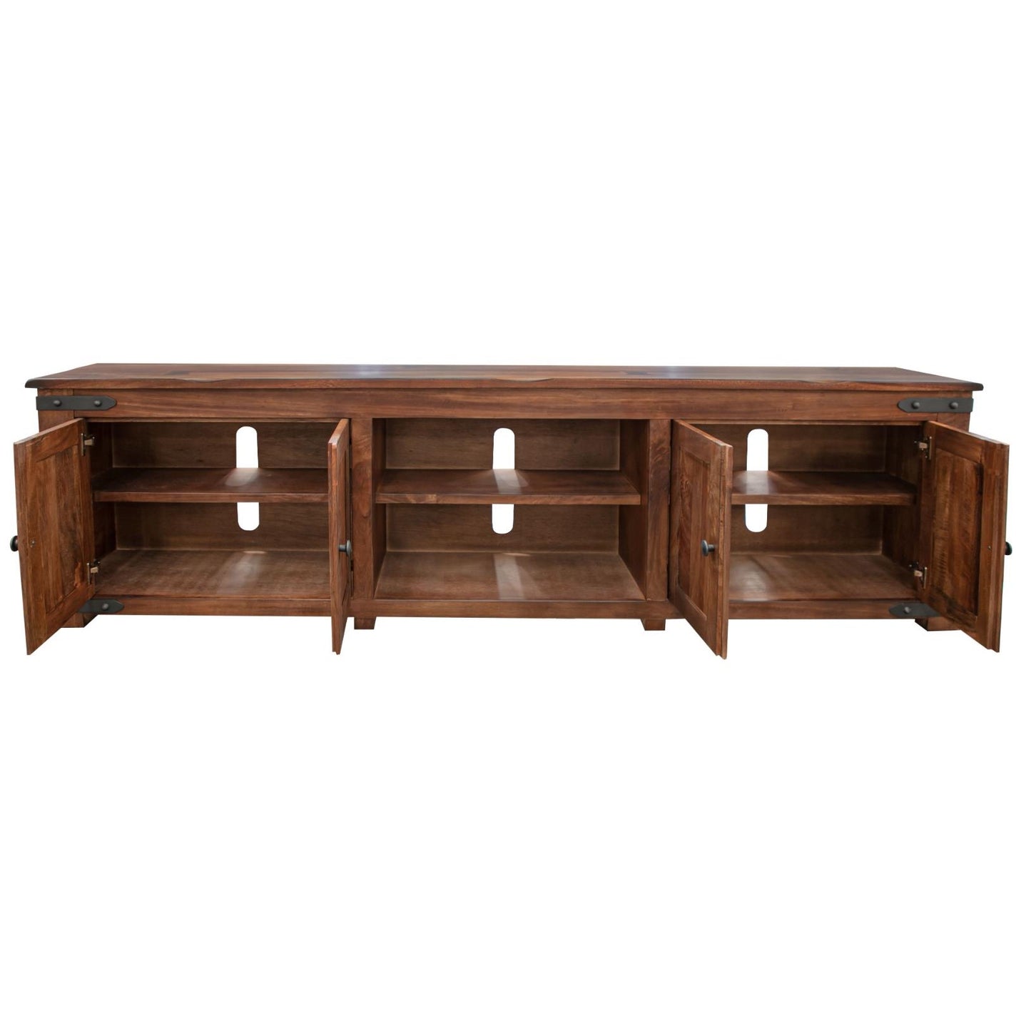 Wooden cabinet with open doors and shelves.