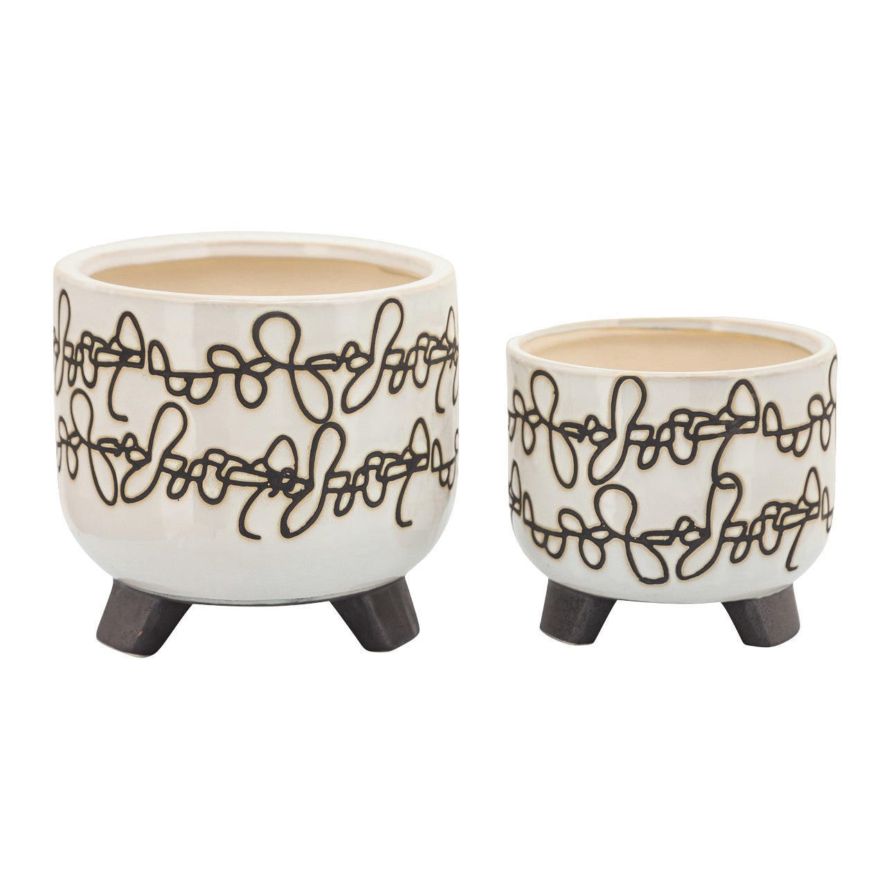 Two ceramic planters with loop patterns and three wooden legs each.