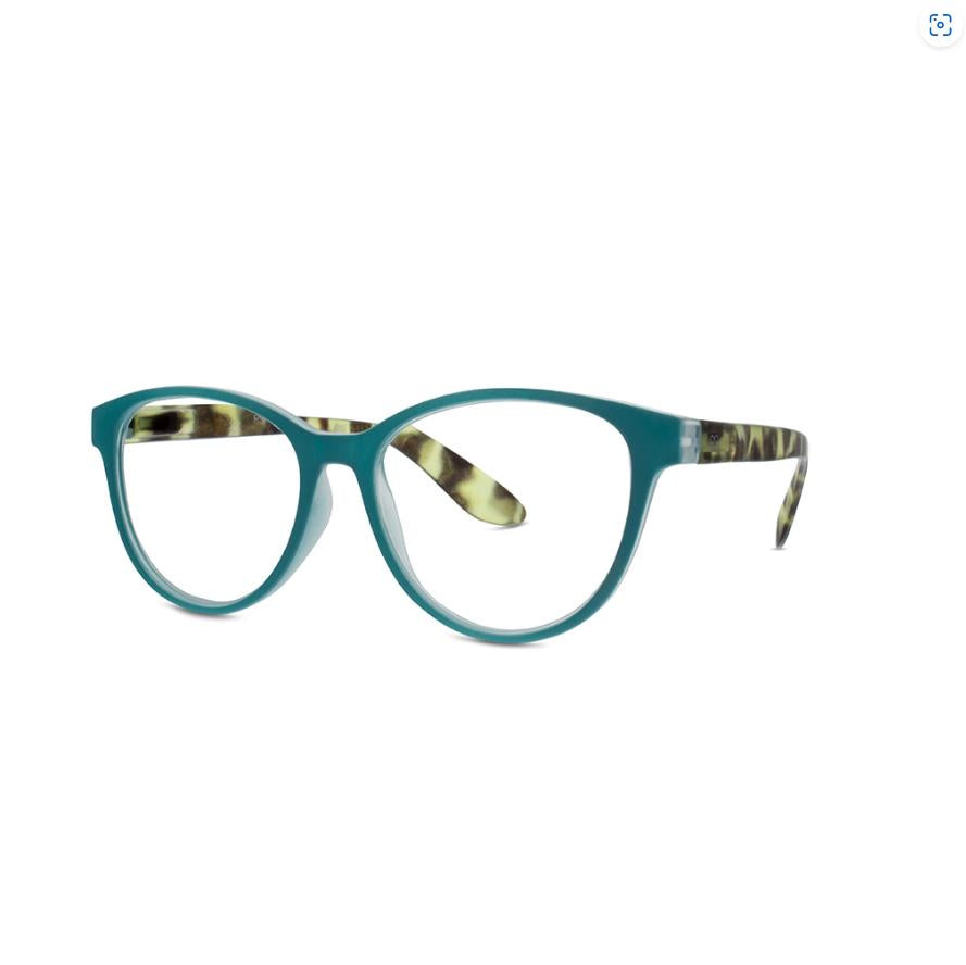Teal glasses with tortoiseshell arms on a white background.