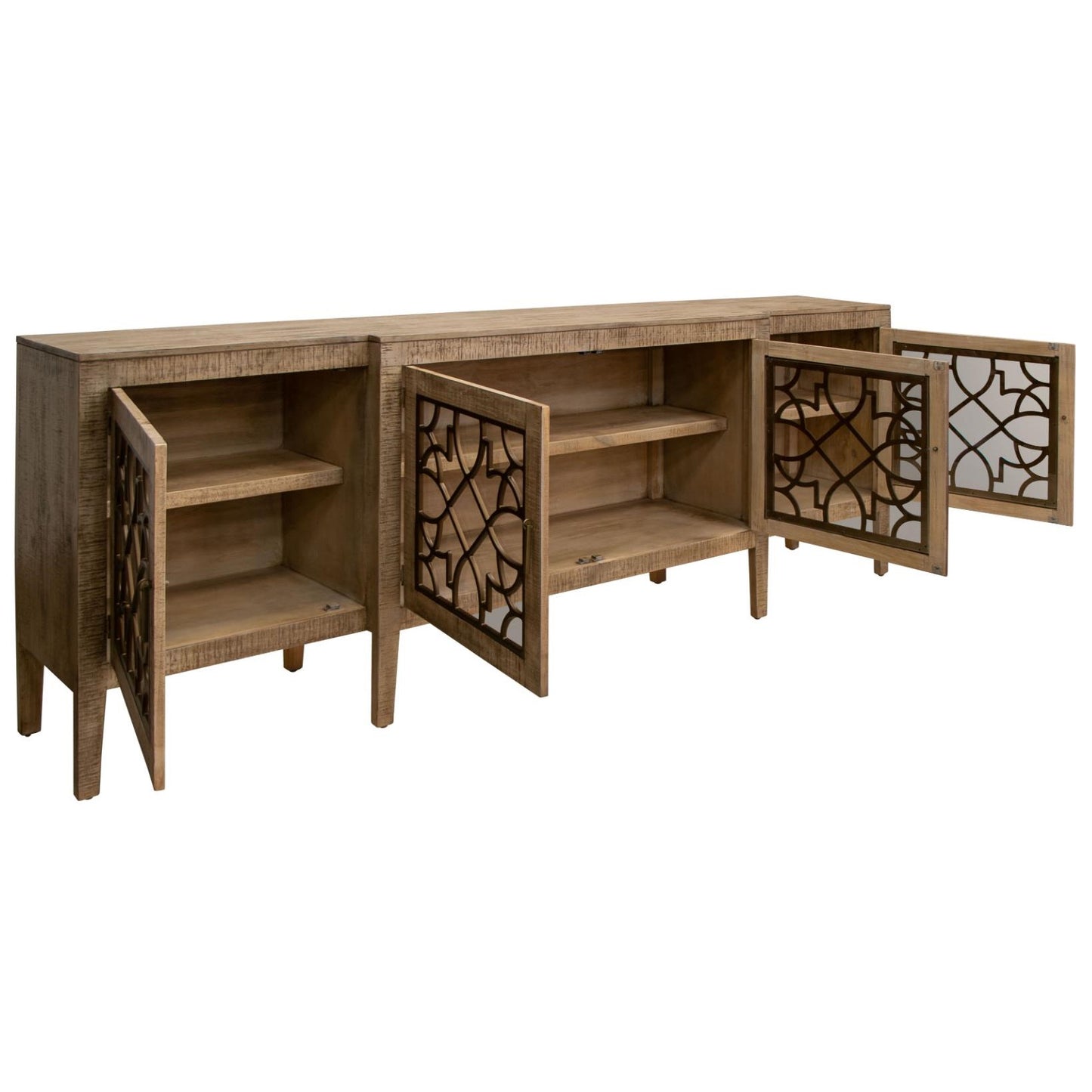 Wooden cabinet with open decorative lattice doors and shelves.