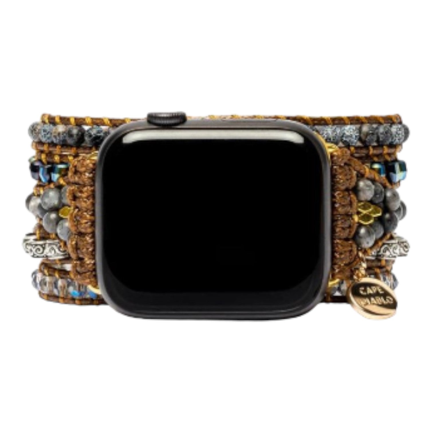 Smartwatch with a beaded and embroidered multicolor band.