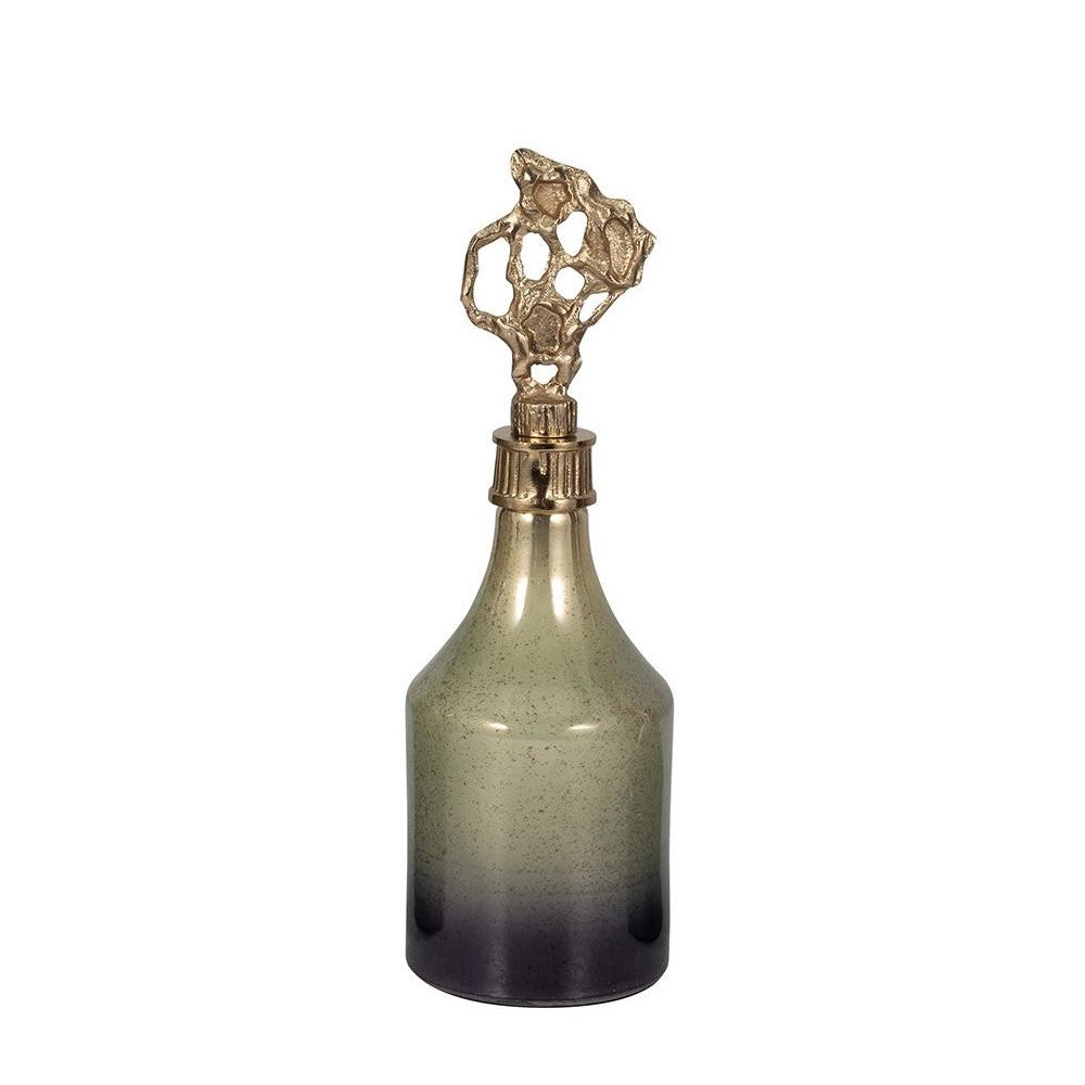 Elegant decorative bottle with intricate metal stopper.