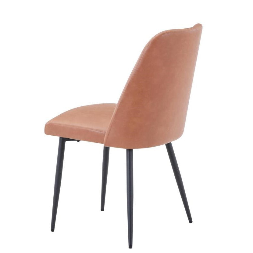 Modern brown chair with black metal legs, angled back view.