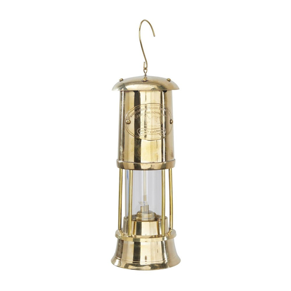 Brass miner's lamp with a hook handle.