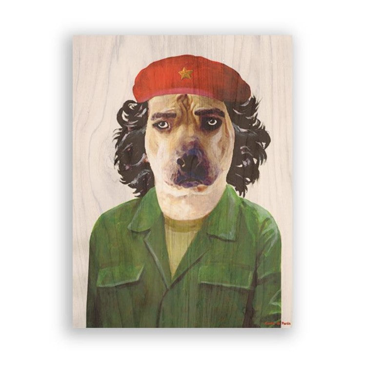 Dog in military attire, red beret, and long hair.