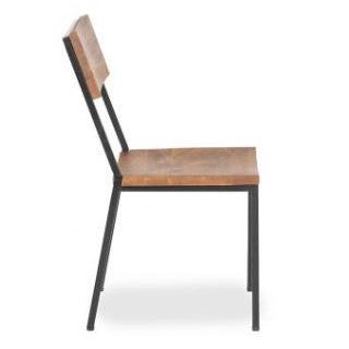 Side view of a wooden chair with a black metal frame.