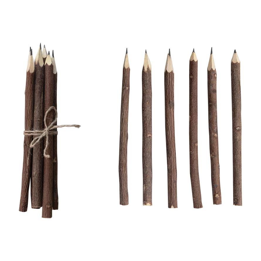 Wooden twig pencils, some tied, some separated.