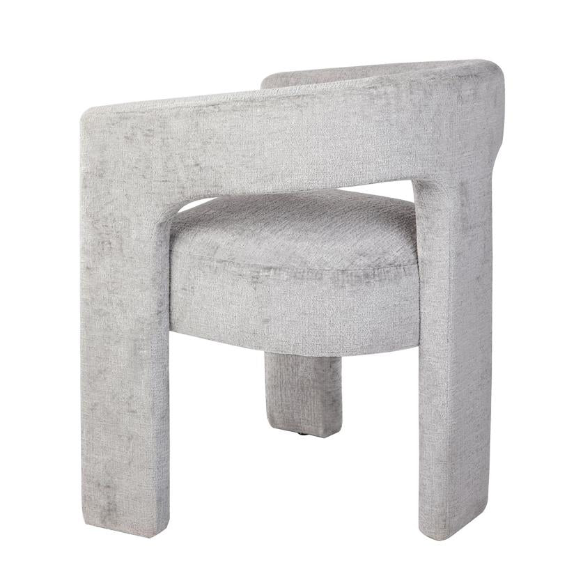 Modern gray chair with curved back and plush seat.