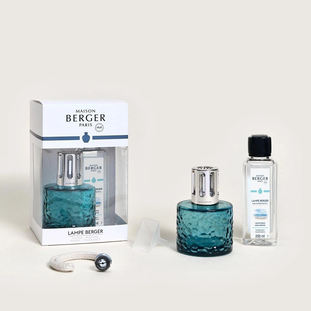 Maison Berger Paris lamp and fragrance set with blue diffuser.