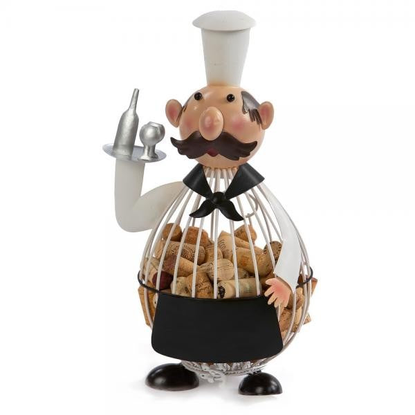 Chef figurine holds corks, tray with bottle.