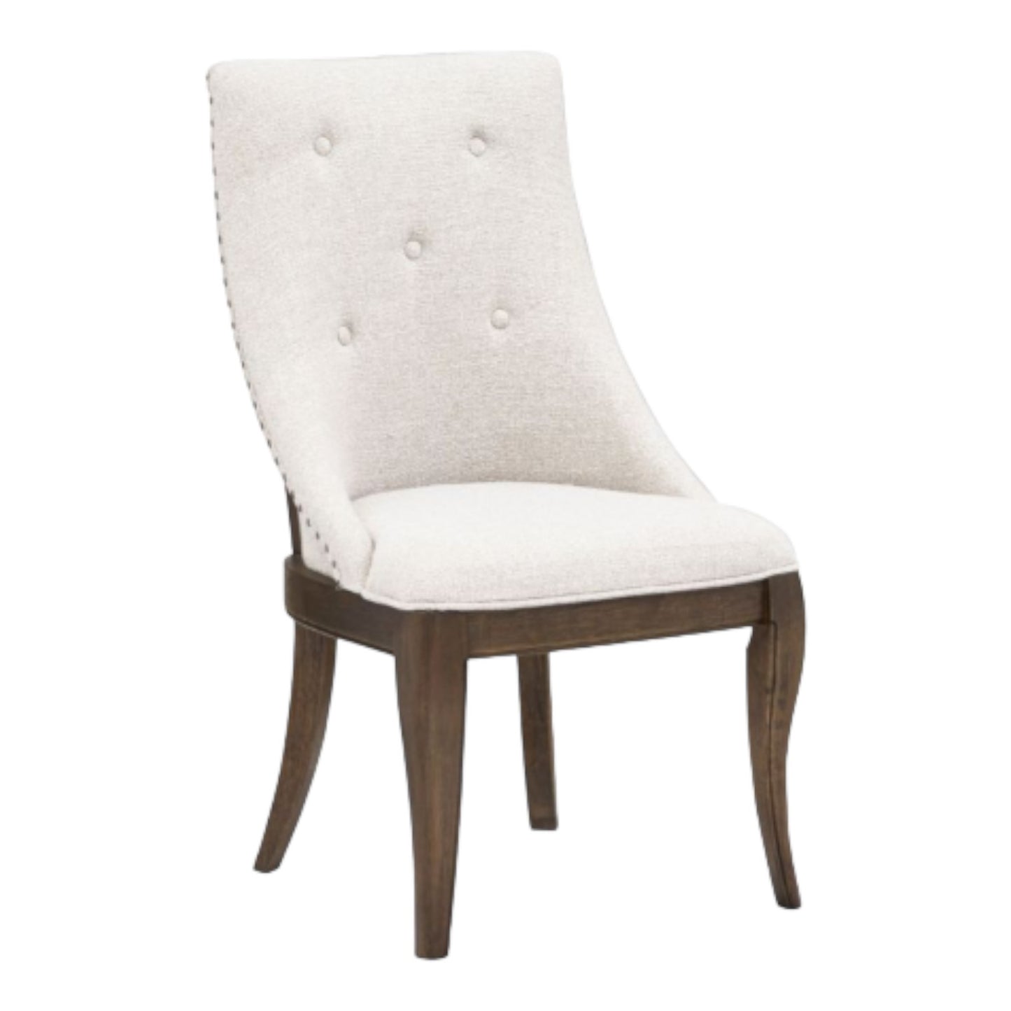 Elegant chair with a cream cushioned back and wooden legs.