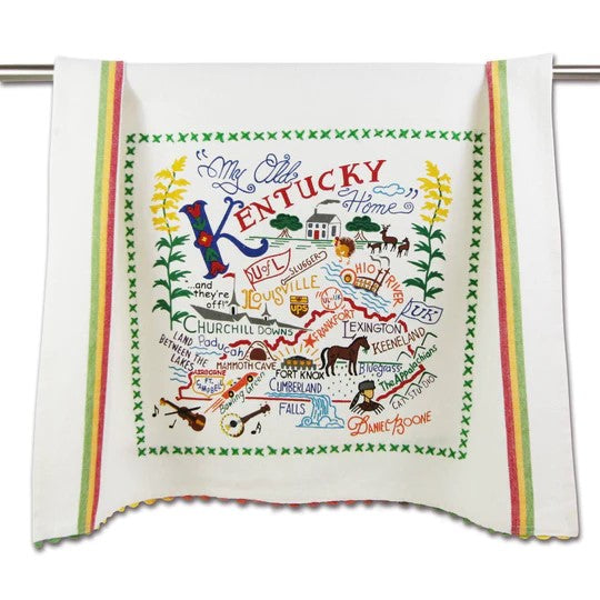 Colorful Kentucky-themed towel with embroidered landmarks.