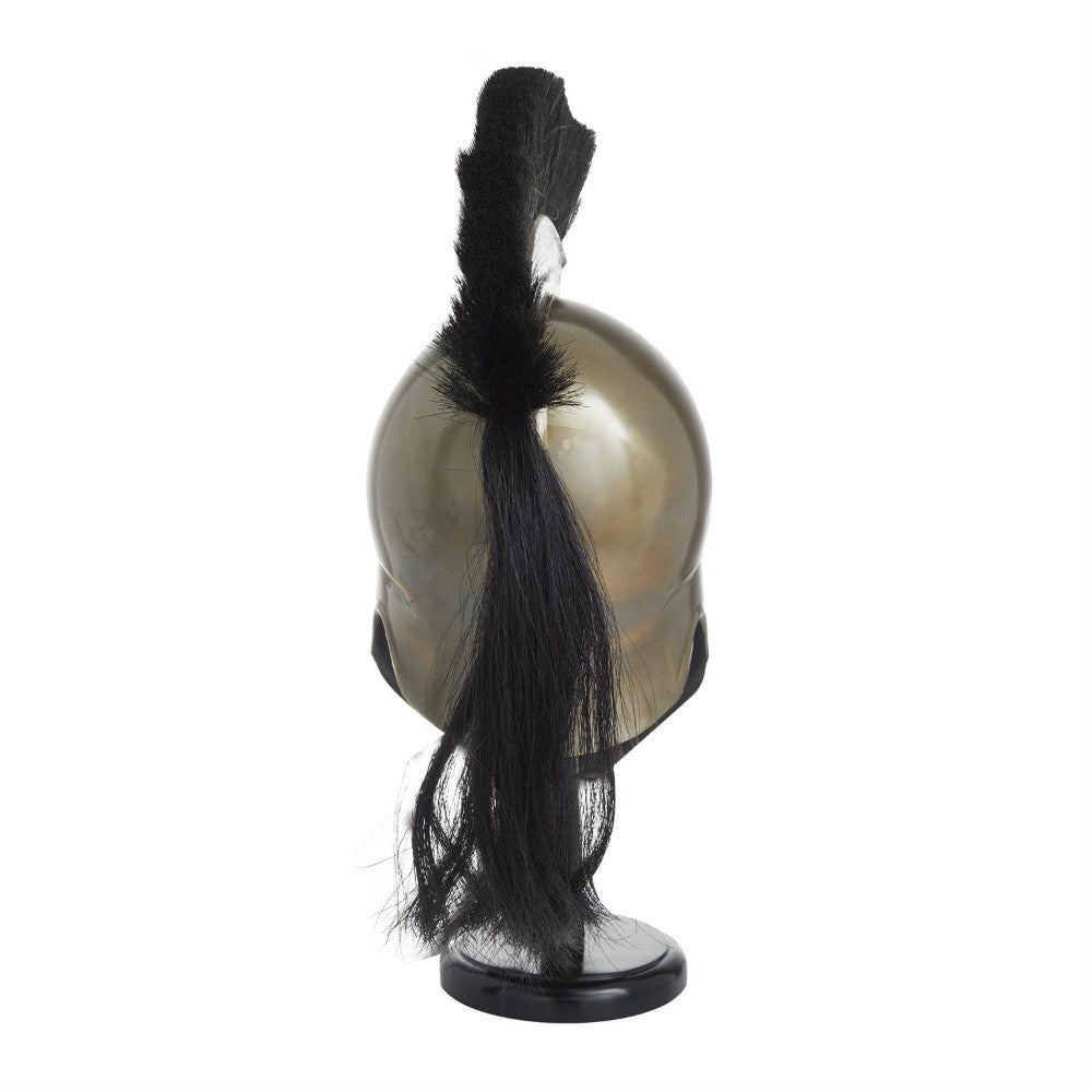 Ancient-style helmet with a black horsehair plume, rear view.