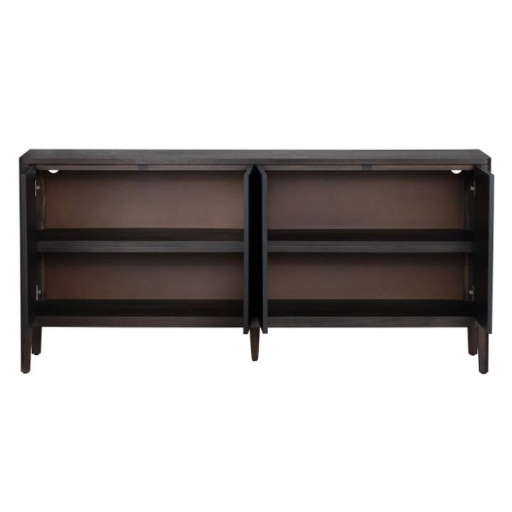 Open dark wood cabinet with shelves.