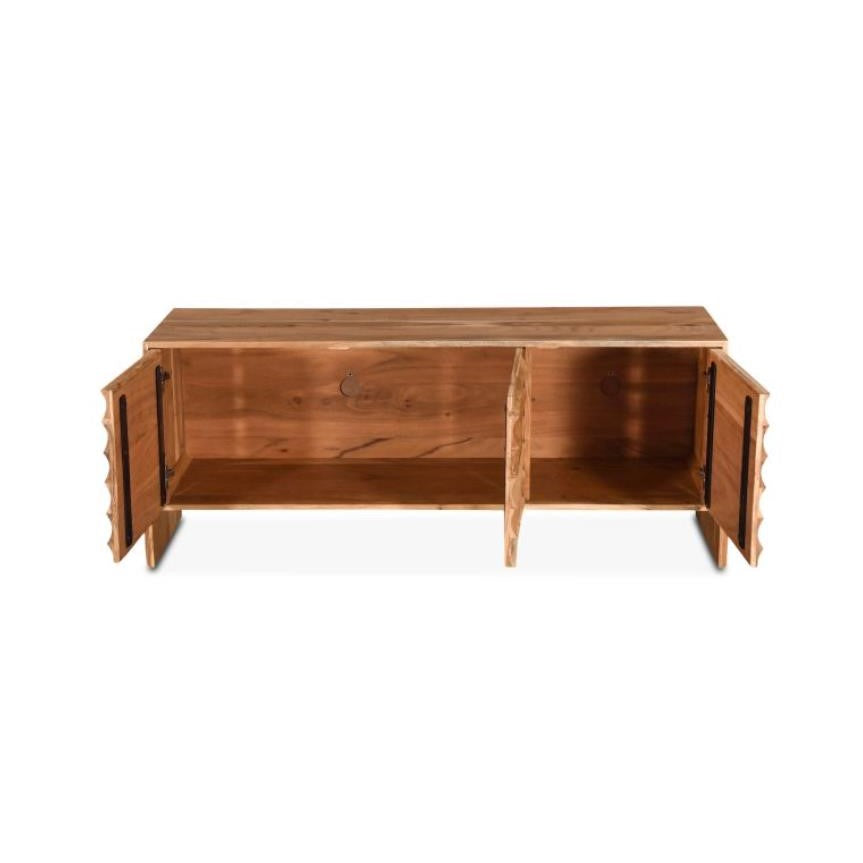 Wooden cabinet with two open doors, minimalistic design.