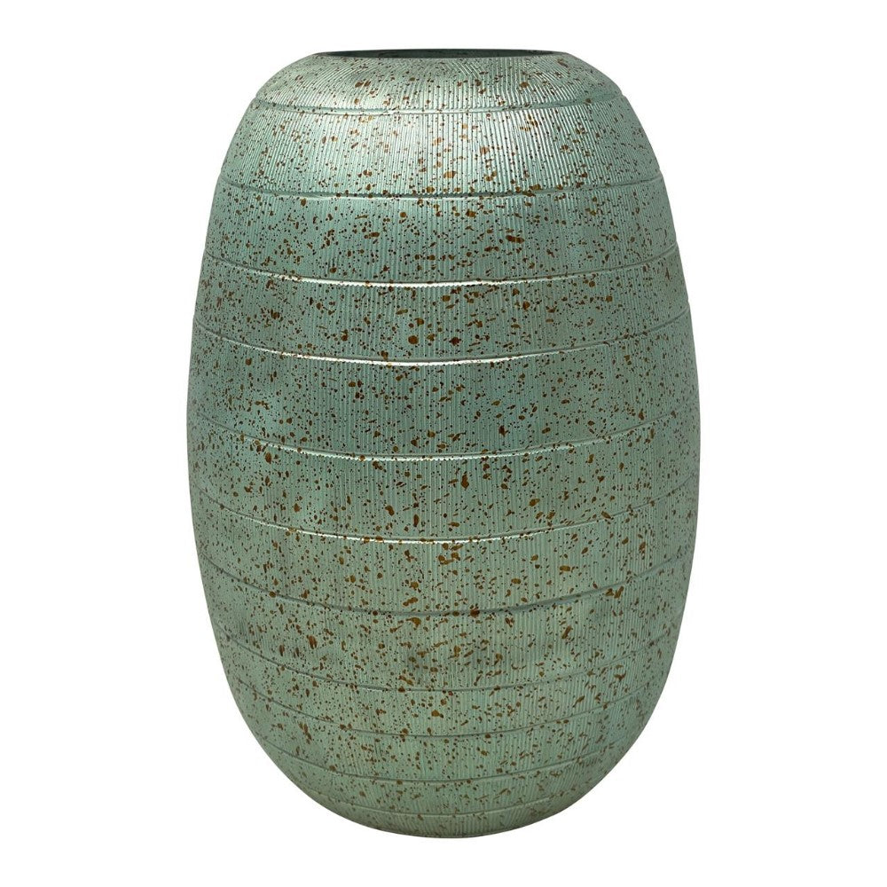 Green speckled vase with textured horizontal stripes.
