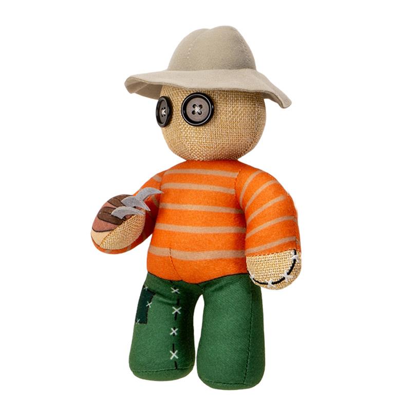 Button-eyed doll in a striped sweater and hat with stitched details.