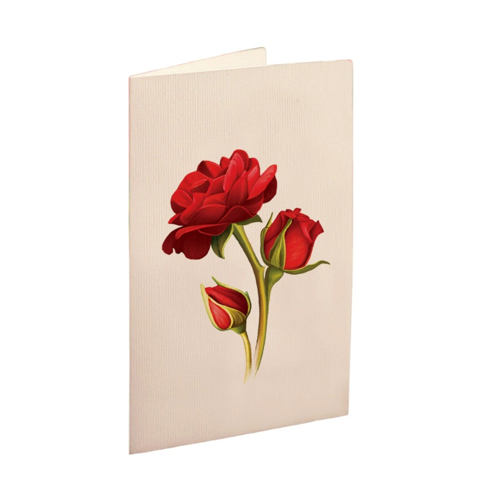 Greeting card with red roses on a beige background.