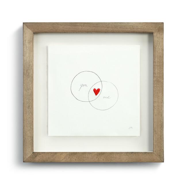 Framed Venn diagram art with "you," "me," and red heart.