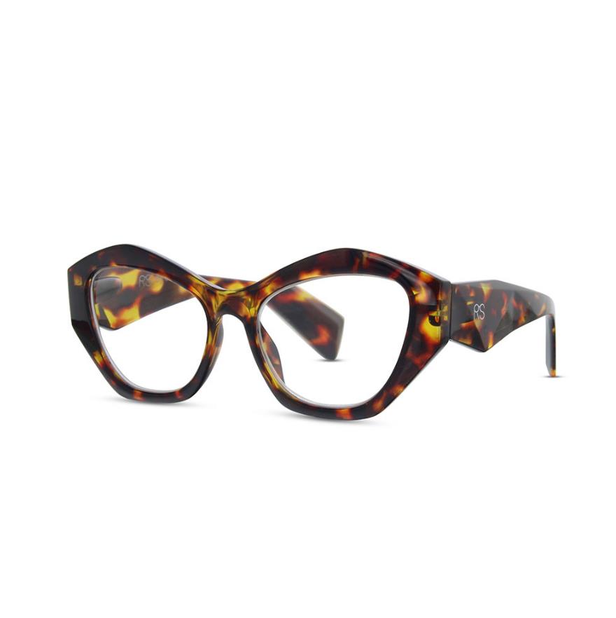 Tortoiseshell cat-eye glasses with angular frame design.