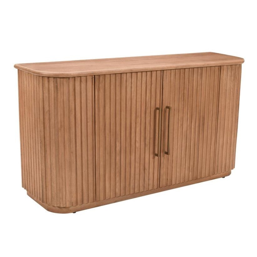 Wooden sideboard with fluted design and two metal handles.