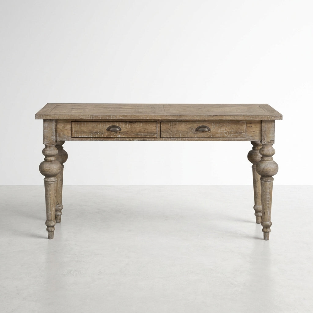 Rustic wooden table with two drawers and turned legs.