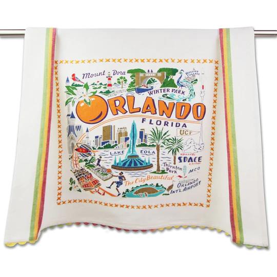 Orlando-themed towel with colorful landmarks and attractions map.