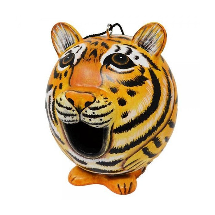 Tiger head birdhouse with open mouth design.