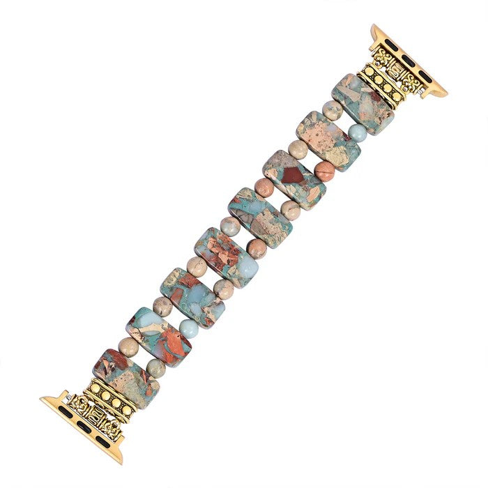 Colorful stone bead bracelet with gold connectors.