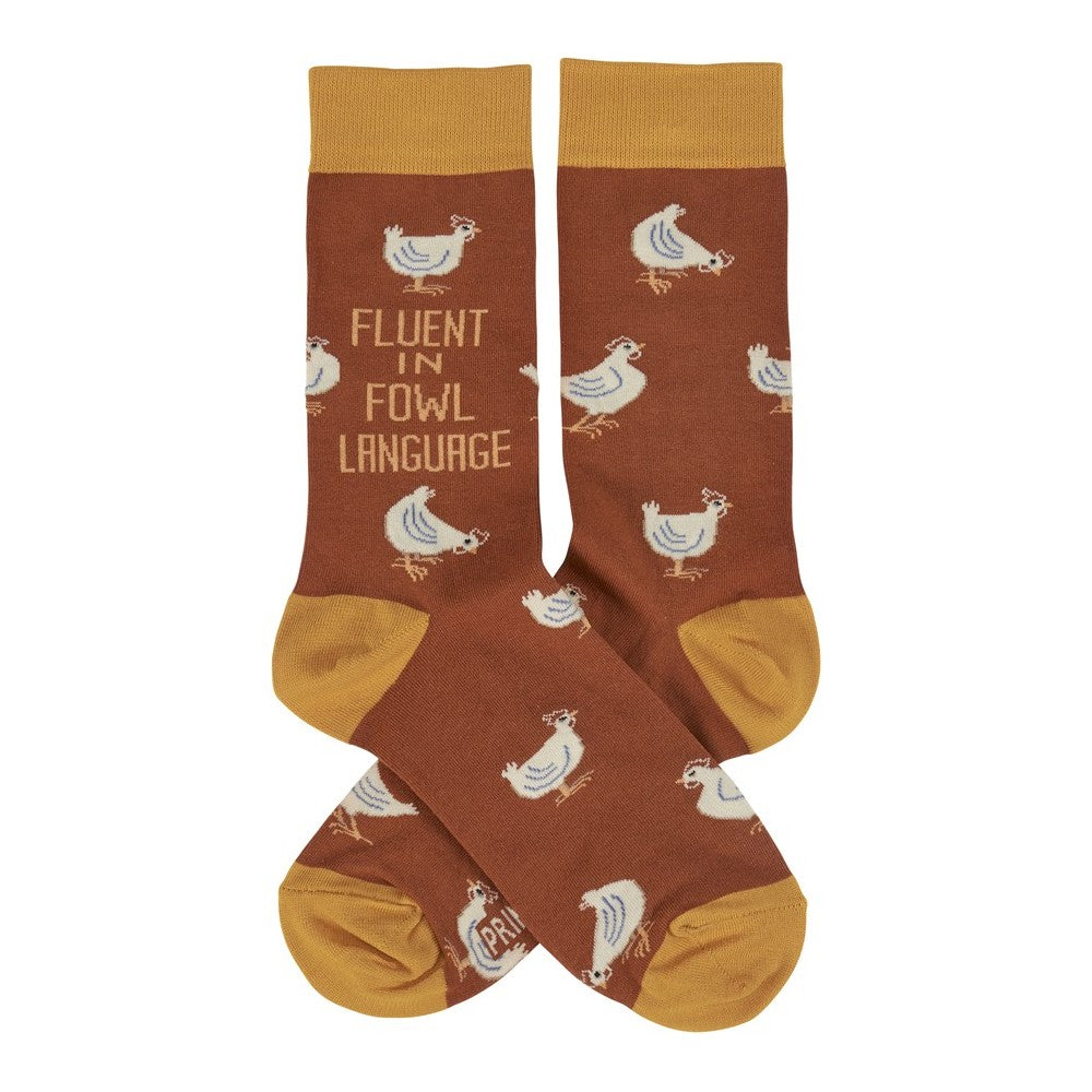 Brown socks with chickens and "FLUENT IN FOWL LANGUAGE" text.