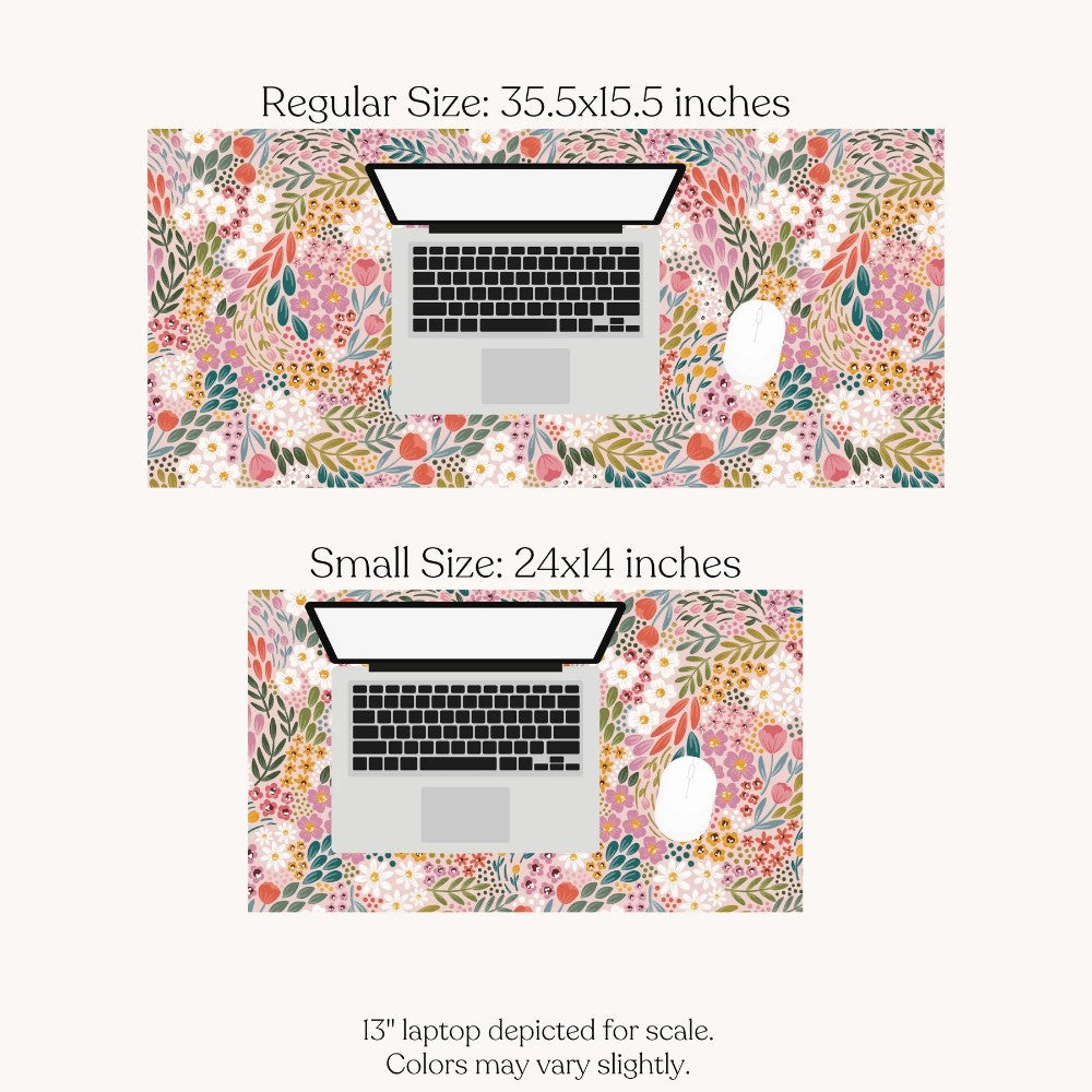 Floral desk mats with laptop, two sizes shown: 35.5x15.5 and 24x14 inches.