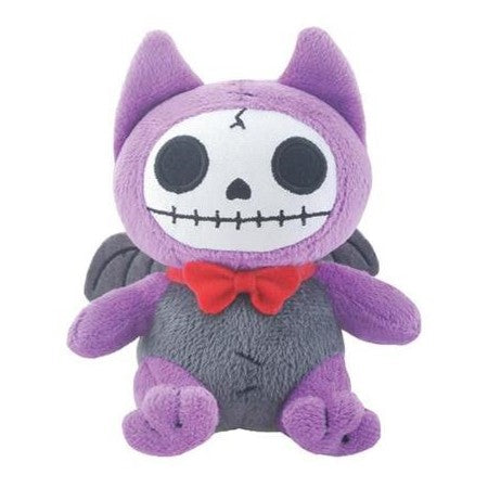 Purple plush cat with a skull face and red bow tie.