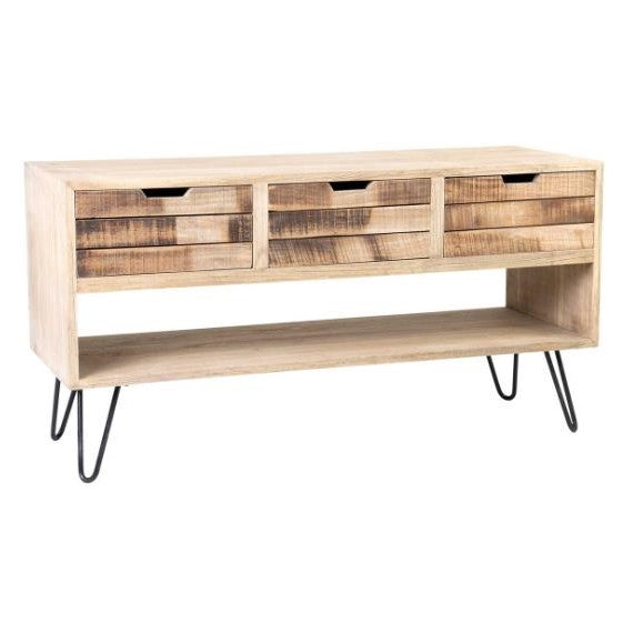 Wooden console table with drawers and metal hairpin legs.