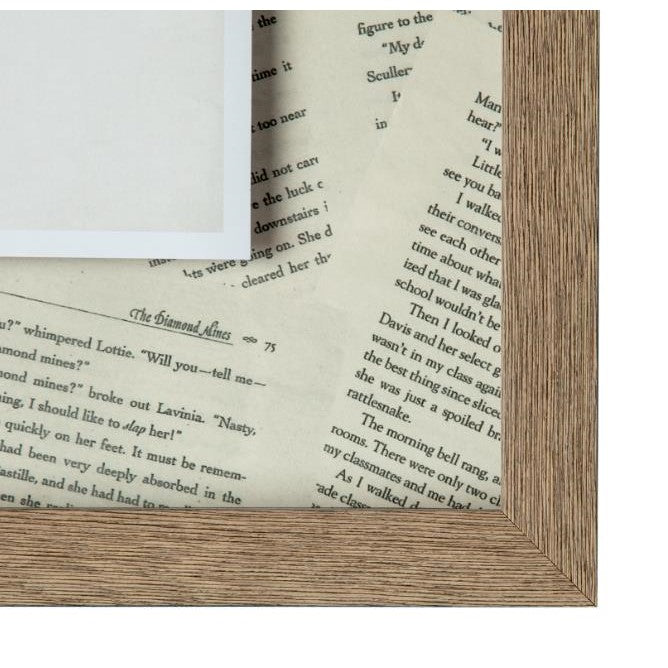 Text fragment collage in a wooden frame.