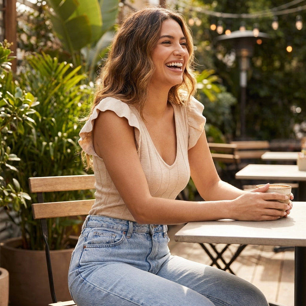 Woman laughing, sitting outdoors in a cafe, holding a cup.