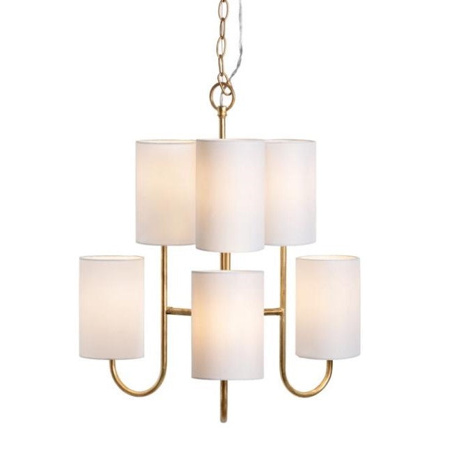 Modern chandelier with six white cylindrical shades on a gold frame.