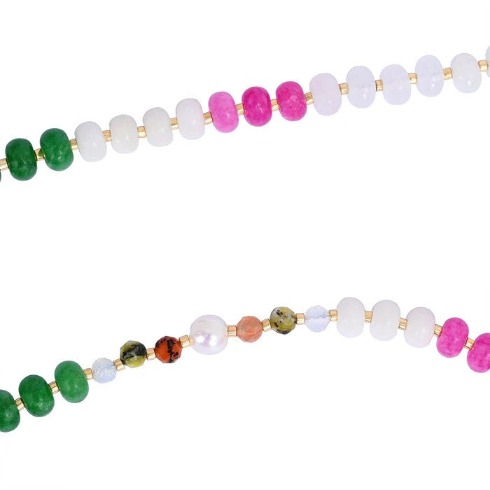 Colorful beaded jewelry strands with varied gemstones on white background.